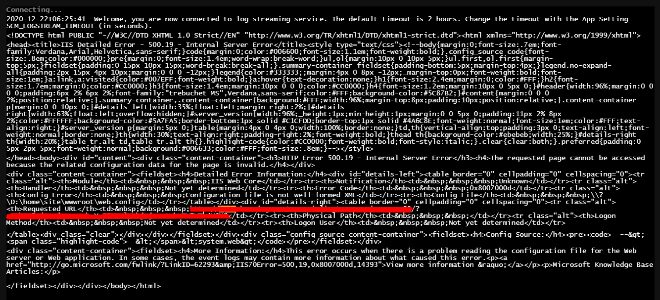 Note: the screenshot contains a different error and is shown for instructional purposes. In this case a rogue chevron has made it into the web.config